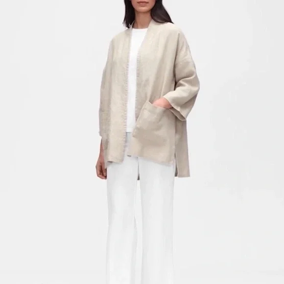 Eileen Fisher Beige Open-Front Linen Kimono Jacket - Picture 5 of 12